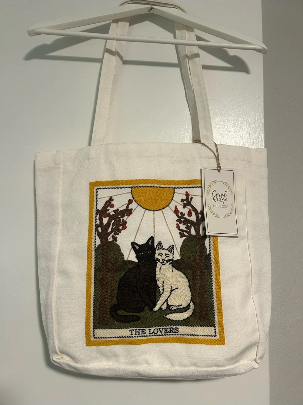 The Lovers Tarot Cat Halloween Needlepoint Embroidered Canvas Tote Bag